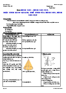 Giáo án Hình học lớp 9 - Tuần 31 - Tiết 60: Hình nón – hình nón cụt. Diện tích xung quanh, thể tích của hình nón, hình nón cụt