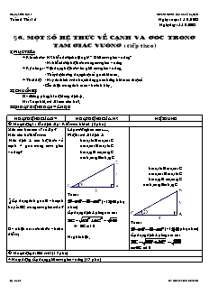 Giáo án Hình học lớp 9 tuần 6 tiết 12: Một số hệ thức về cạnh và góc trong tam giác vuông (tiếp theo)