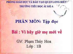 Bài giảng Tập đọc Lớp 1 - Tuần 28: Vì bây giờ mẹ mới về - Năm học 2018-2019 - Phạm Thúy Hoa