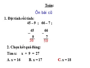 Bài giảng Toán Lớp 2 - Tuần 14: 65-38; 46-17; 57-28; 78-29 - Trường Tiểu học Ái Mộ B