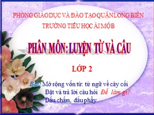 Bài giảng Luyện từ và câu Lớp 2 - Tuần 28: Từ ngữ về cây cối. Đặt và trả lời câu hỏi Để làm gì?. Dấu chấm, dấu phẩy - Năm học 2020-2021 - Trường Tiểu học Ái Mộ B