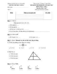 Đề kiểm tra học kì I Toán Lớp 1 - Năm học 2016-2017 - Trường Tiểu học Ái Mộ A
