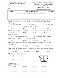 Đề kiểm tra học kì I Toán Lớp 2 - Năm học 2017-2018 - Trường Tiểu học Ái Mộ A
