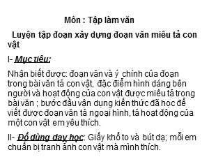 Bài giảng Tập làm văn Lớp 4 - Tuần 32: Luyện tập đoạn xây dựng đoạn văn miêu tả con vật - Năm học 2018-2019