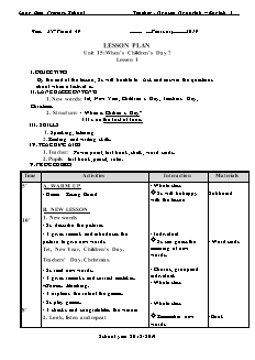 Giáo án Tiếng anh Lớp 4 - Unit 15: When’s Children’s Day? - Năm học 2018-2019 - Nguyễn Ngọc Anh