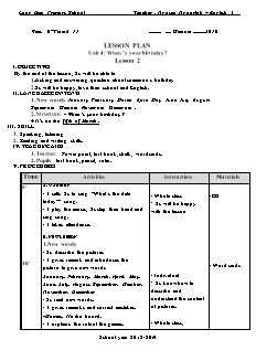 Giáo án Tiếng anh Lớp 4 - Unit 4: When’s your birthday? - Năm học 2018-2019 - Nguyễn Ngọc Anh