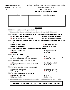 Đề kiểm tra chất lượng Học kì 1 Công nghệ Lớp 7 - Trường THCS Hợp Hòa