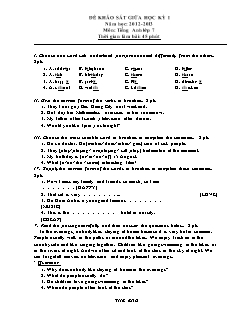 Đề khảo sát Giữa học kì 1 Tiếng Anh Lớp 7 (Có đáp án)