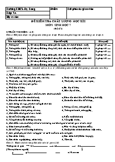 Đề kiểm tra chất lượng Học kì 1 Sinh học Lớp 7 - Trường THCS Đạ Long