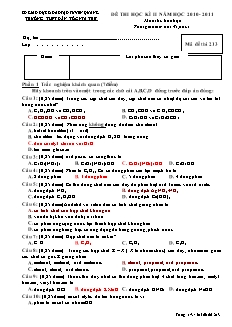 Đề thi Học kì 2 Hóa học Lớp 11 - Mã đề: 213 - Trường THPT DTNT Tuyên Quang (Có đáp án)