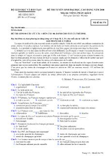 Đề thi tuyển sinh Đại học, Cao đẳng Tiếng Pháp Khối D - Mã đề: 376 - Năm học 2008 (Có đáp án)