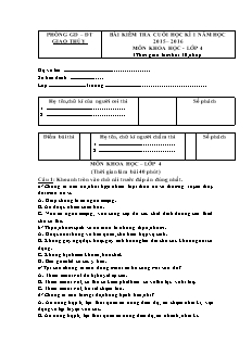 Đề bài kiểm tra cuối học kì I năm học 2015-2016 môn Khoa học Lớp 4 - Phòng Giáo dục và đào tạo Giao Thủy