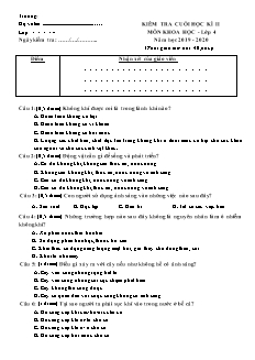 Đề kiểm tra cuối học kì II môn Khoa học Lớp 4 - Năm học 2019-2020 (Có đáp án)