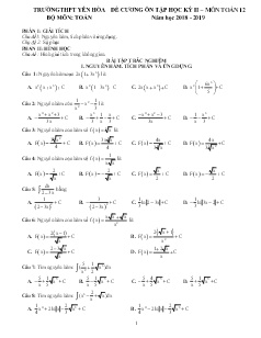 Đề cương ôn tập học kì II môn Toán Lớp 12 - Năm học 2018-2019 - Trường THPT Yên Hòa