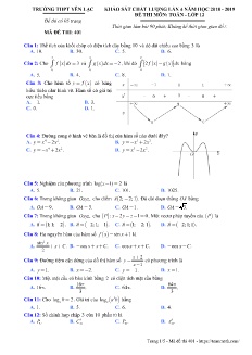 Đề khảo sát chất lượng lần 4 môn Toán Lớp 12 - Mã đề: 401 - Năm học 2018-2019 - Trường THPT Yên Lạc (Có đáp án)