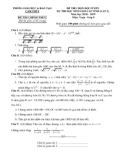Đề thi chọn đội tuyển dự thi học sinh giỏi cấp tỉnh lần 2 môn Toán Lớp 9 - Năm học 2018-2019 - Phòng GD&ĐT Cẩm Thủy (Có đáp án)
