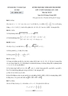 Đề thi chọn học sinh giỏi cấp Thành phố môn Toán Lớp 12 THPT - Năm học 2019-2020 - Sở GD&ĐT Hà Nội (Có đáp án)