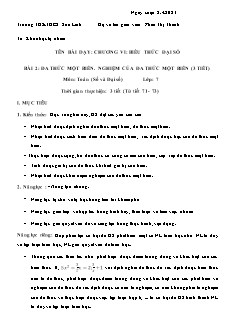 Giáo án Toán 7 - Chương VI, Bài 2: Đa thức một biến. Nghiệm của đa thức một biến (3 tiết) - Năm học 2022-2023 - Phan Thị Thanh (Cánh diều)
