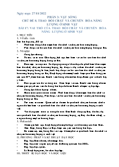 Kế hoạch bài dạy Khoa học tự nhiên 7 - Tuần 12, Bài 17: Vai trò của trao đổi chất và chuyển hóa năng lượng ở sinh vật - Năm học 2022-2023 - Nguyễn Anh Tuấn (Cánh diều)
