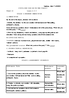 Kế hoạch bài dạy Tiếng Anh 5 - Tuần 6, Tiết 21-24, Bài 4: Did you go to the party? - Năm học 2022-2023 - Lê Thị Dùng