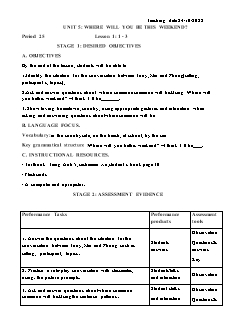 Kế hoạch bài dạy Tiếng Anh 5 - Tuần 7, Tiết 25-28, Bài 5: Where will you be this weekend? - Năm học 2022-2023 - Lê Thị Dùng