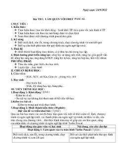 Kế hoạch bài dạy Tin học 8 - Bài thực hành 1: Làm quen với Free Pascal - Năm học 2022-2023 - Nguyễn Viết Hùng