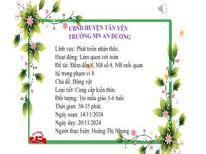 Bài giảng Mầm non Lớp Lá - Chủ đề: Động vật - Đề tài: Đếm đến 8, nhận biết số 8. Nhận biết mối quan hệ trong phạm vi 8 - Năm học 2024-2025 - Hoàng Thị Nhung