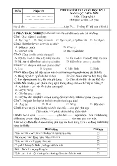 Đề kiểm tra cuối học kì I Công nghệ 3 - Năm học 2023-2024 - Trường Tiểu học Thị trấn Vôi số 2