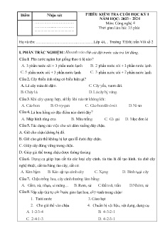 Đề kiểm tra cuối học kì I Công nghệ 4 - Năm học 2023-2024 - Trường Tiểu học Thị trấn Vôi số 2