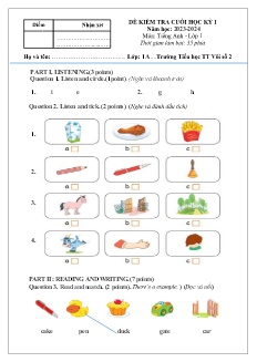 Đề kiểm tra cuối học kì I Tiếng Anh 1 - Năm học 2023-2024 - Trường Tiểu học Thị trấn Vôi số 2 (Có file nghe)