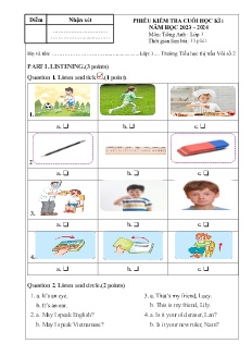 Đề kiểm tra cuối học kì I Tiếng Anh 3 - Năm học 2023-2024 - Trường Tiểu học Thị trấn Vôi số 2 (Có file nghe)