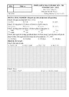 Đề kiểm tra cuối học kì I Toán 5 - Năm học 2023-2024 - Trường Tiểu học Thị trấn Vôi số 2