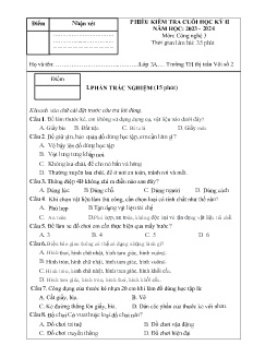 Đề kiểm tra cuối học kì II Công nghệ 3 - Năm học 2023-2024 - Trường Tiểu học Thị trấn Vôi số 2